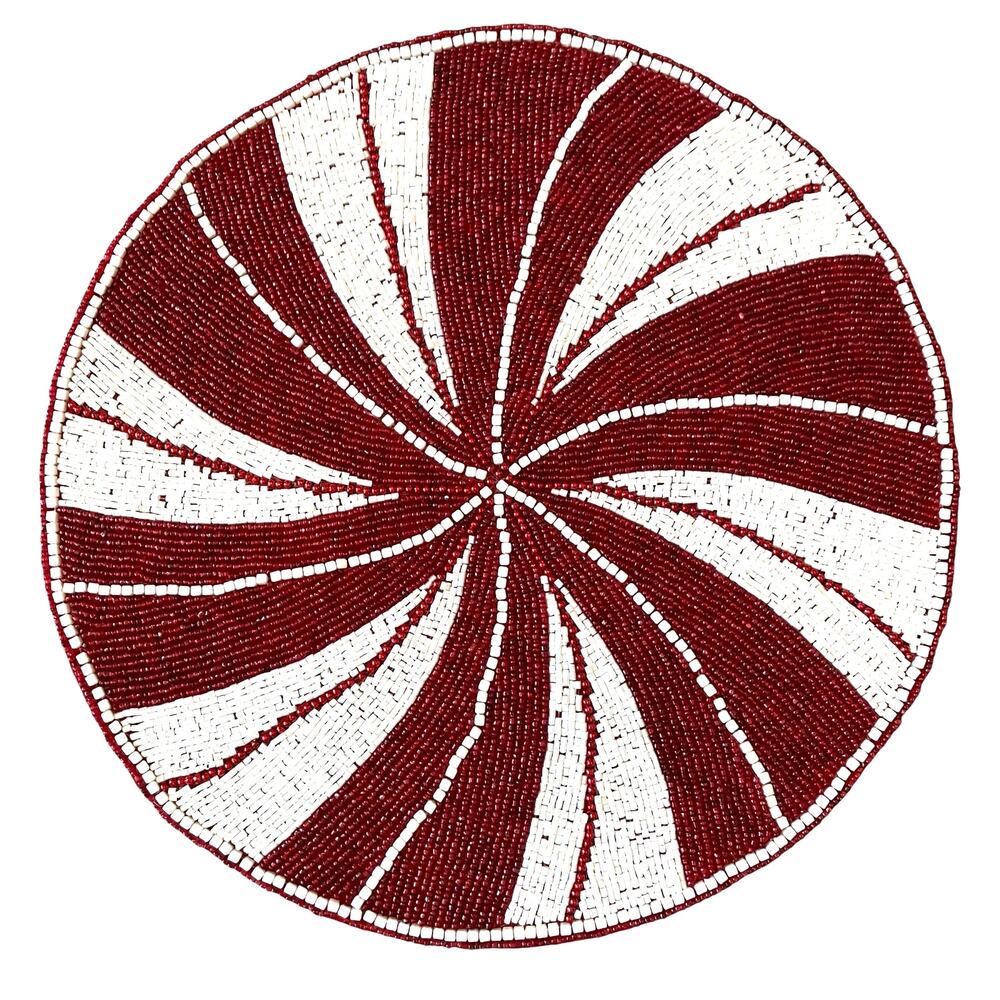 Nicole Miller Peppermint Beaded Christmas Placemat 15in Holiday Red White Swirl